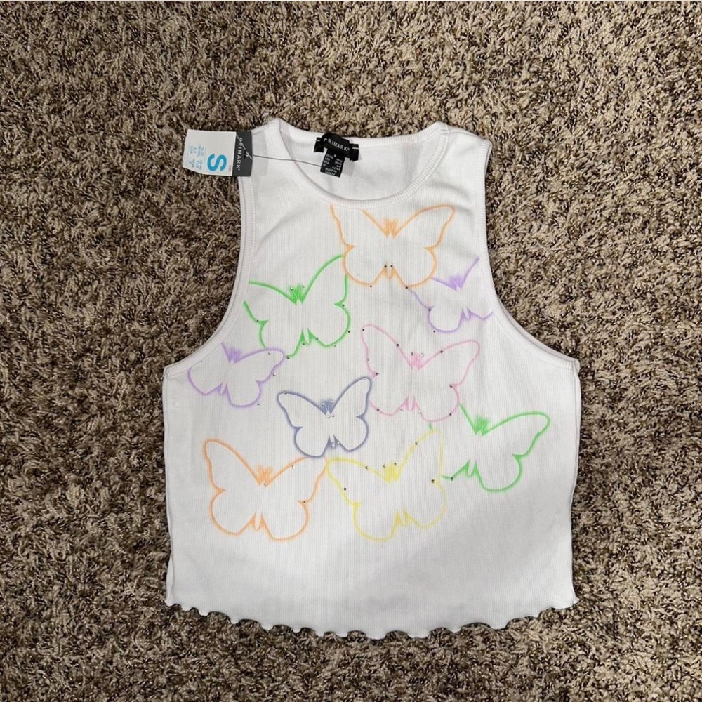 PRIMARK WHITE BUTTERFLY CROP TOP WITH RAINBOW DETAILS SIZE US 6-8